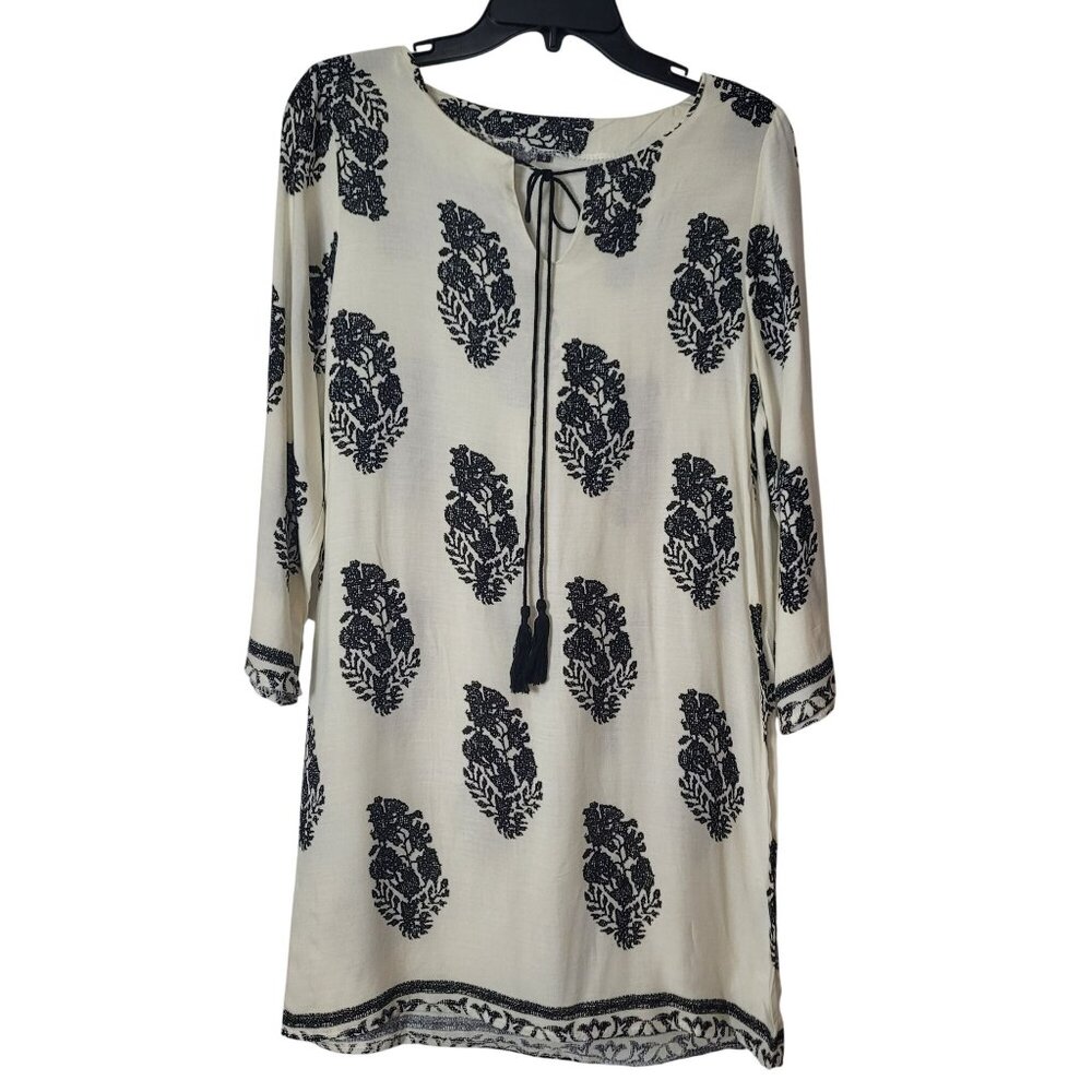 Boho-Inspired Cream & Black Tunic Dress With Tassel Tie Neckline And 3/4 Sleeves - Picture 10 of 12